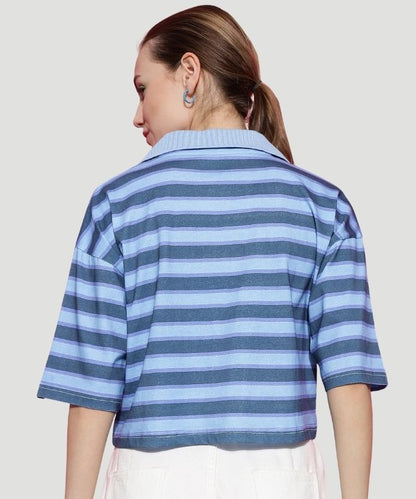 Women's Blue Striped Half Sleeves Loose Fit Top