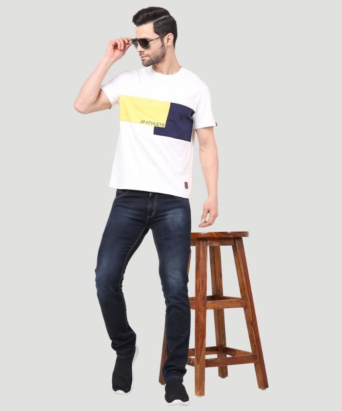 Men's White Colourblock Half Sleeves Regular Fit T-Shirt